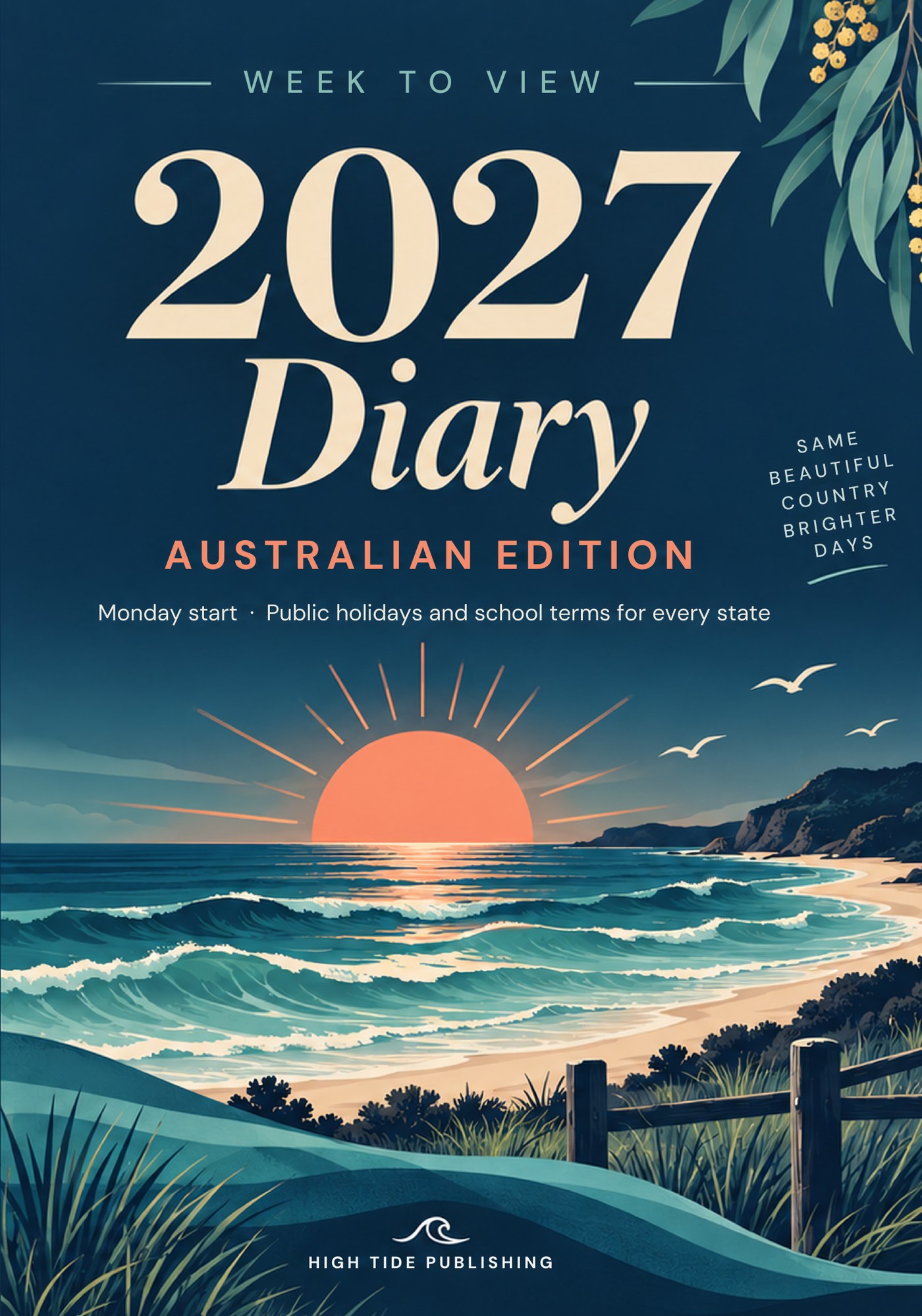 Cover of the 2027 Diary – Week to View, Australian Edition: large cream 2027 Diary title over a navy sky with a coral sunrise over an Australian beach