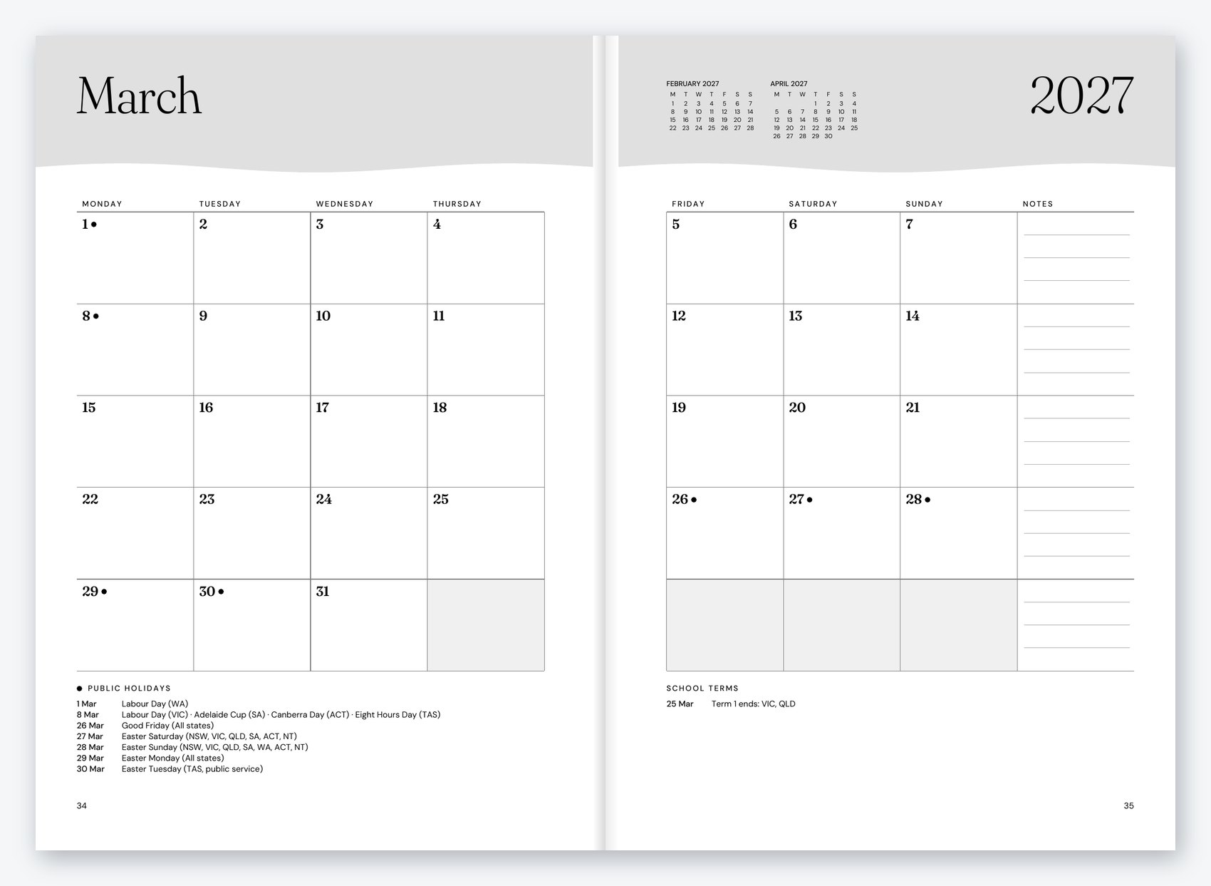 March 2027 monthly calendar spread with public holidays marked and a key of holidays and school term dates