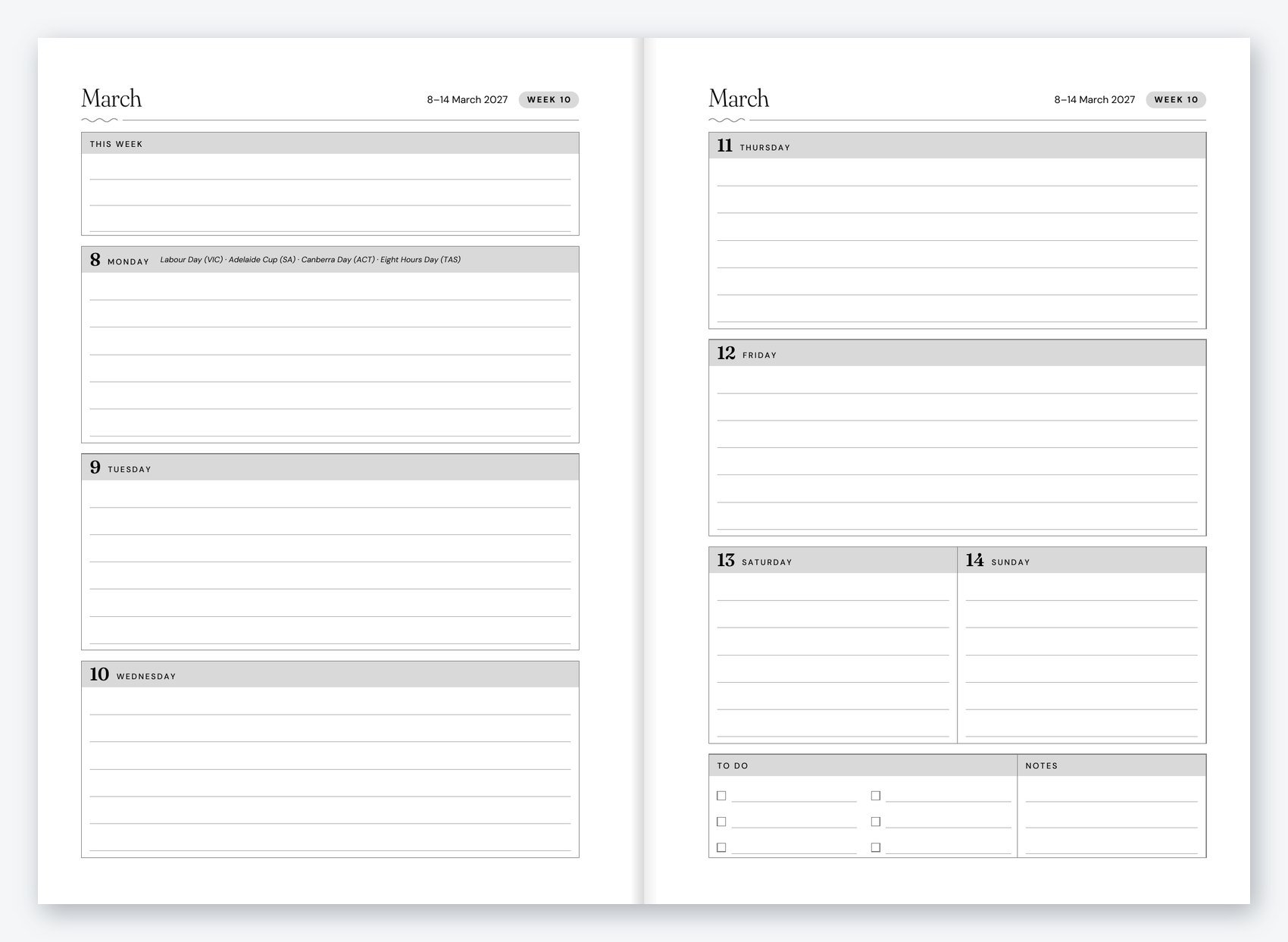 Weekly spread for 8 to 14 March 2027, with Monday 8 March showing Labour Day (VIC), Adelaide Cup (SA), Canberra Day (ACT) and Eight Hours Day (TAS)