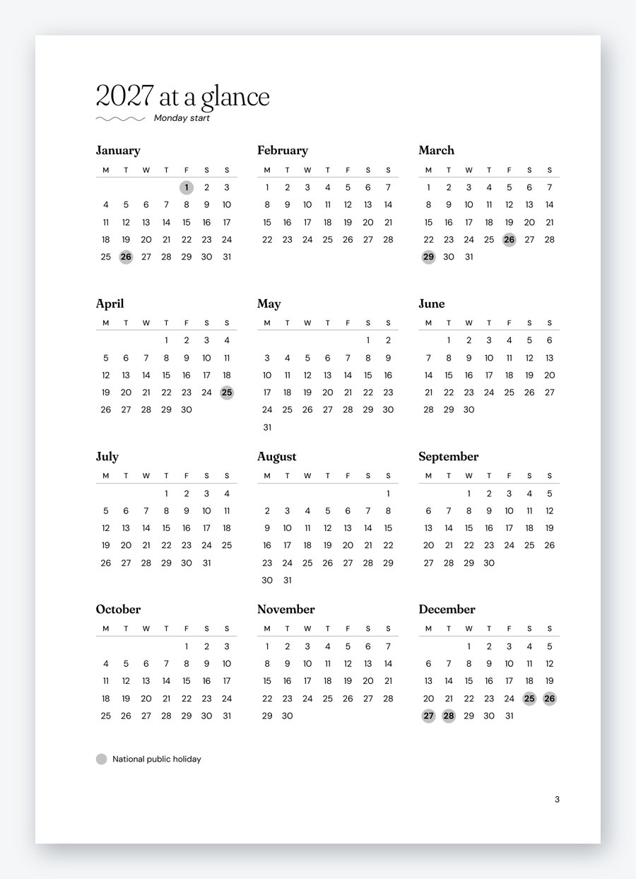 2027 year at a glance page with national public holidays highlighted