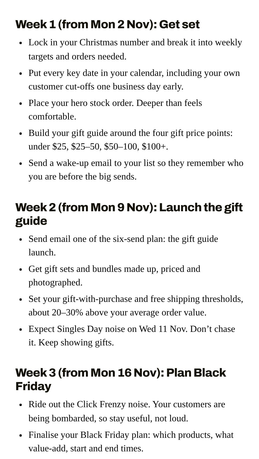 Weeks 1 to 3 of the 8-week Christmas plan as checklists