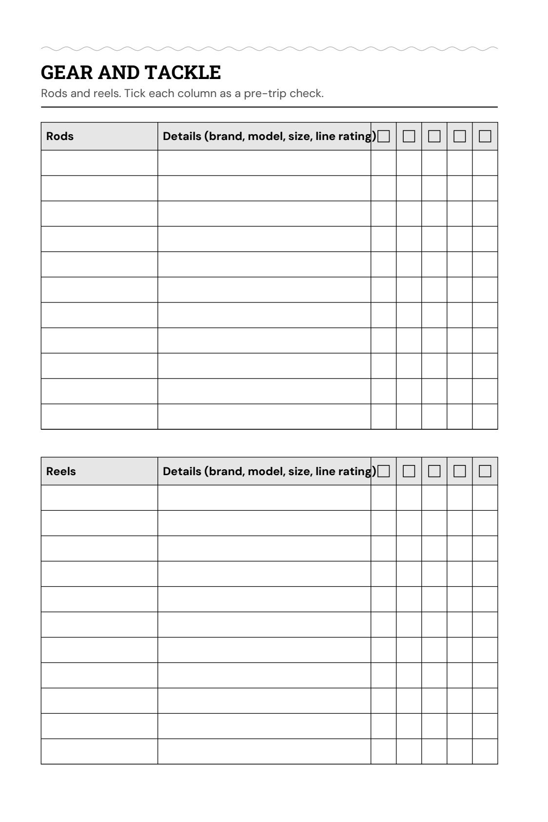 Gear and tackle checklist for rods and reels with tick boxes for a pre-trip check