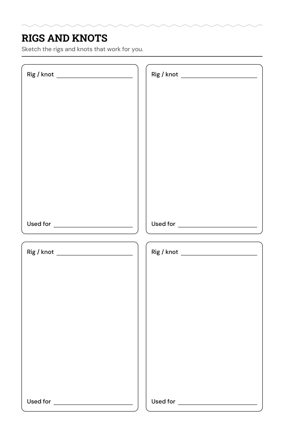 Rigs and knots page with four boxes for sketching rigs and noting what each is used for