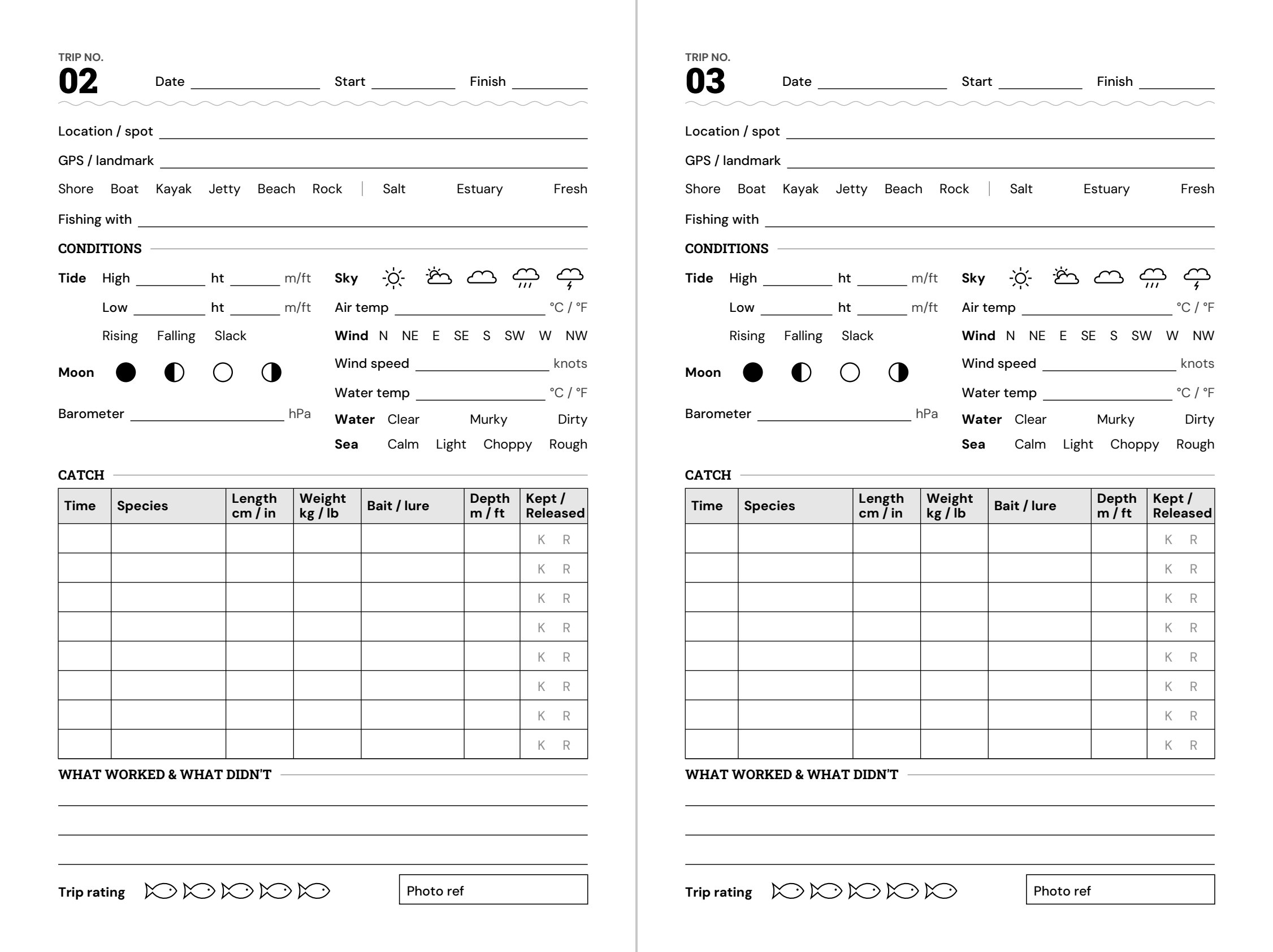 Two facing trip pages, each with trip details, a conditions panel with tide, moon, sky and wind fields, an 8-row catch table and notes